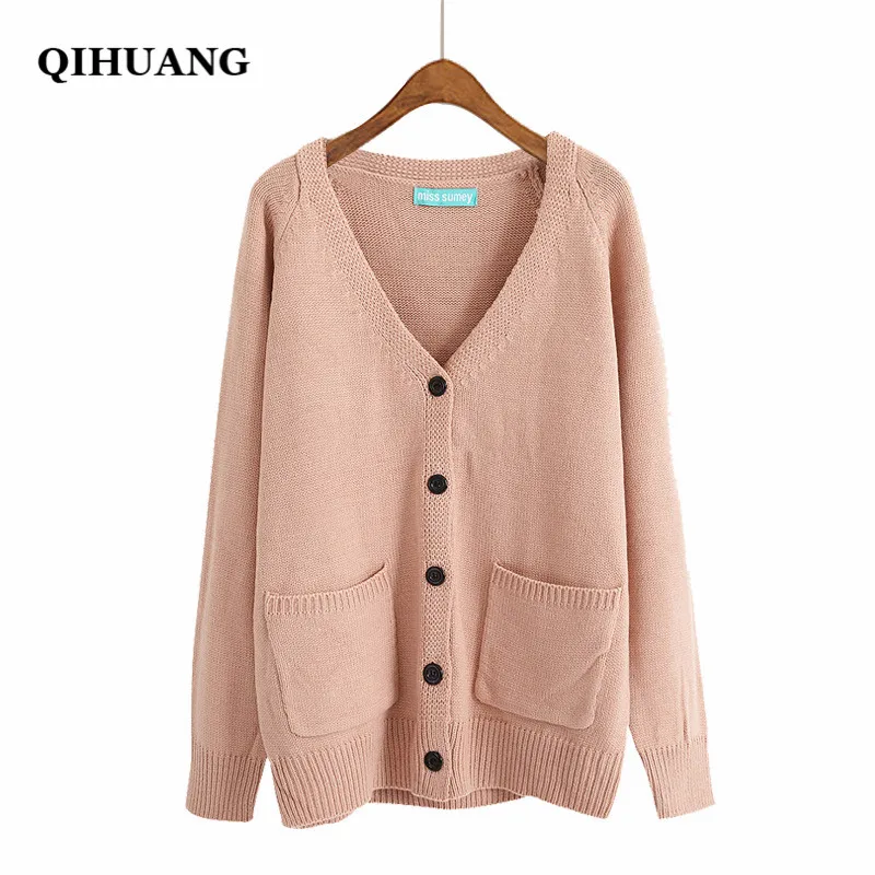 QIHUANG Fashion Winter Women Cardigan Sweater Solid Color Pocket