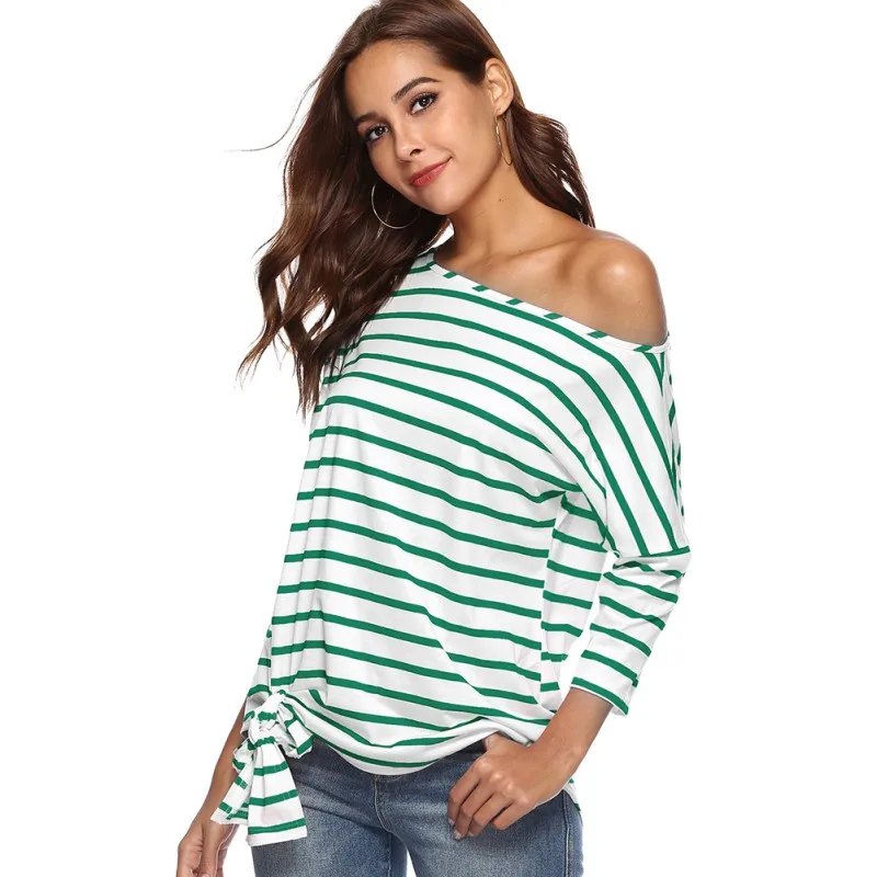 One Shoulder Striped Batwing Sleeve T-Shirts