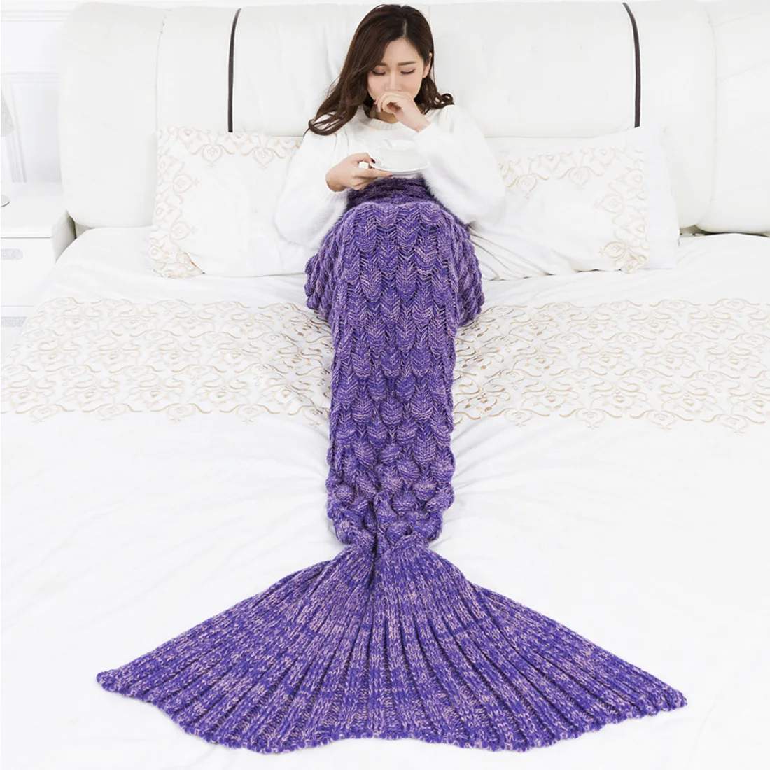 

Mermaid Tail Blanket Scales Pattern Quilt Warm sofa Bed Fluffy Bedspread Living room Cover Bed knit Mermaid Blanket