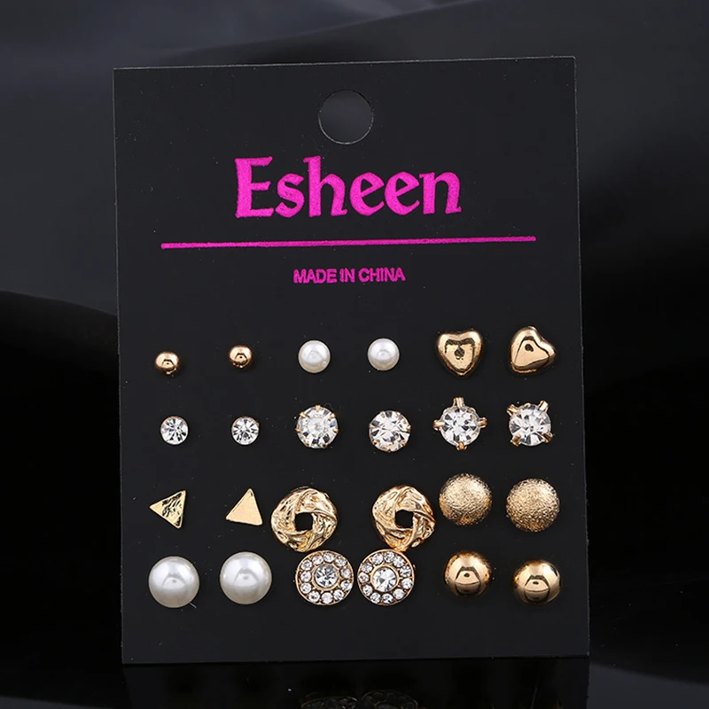 

ZN 12 pairs sets Round Square Ball Alloy Crystal Stud pearl Earrings For Women Hot-selling Cute stud earrings Sets