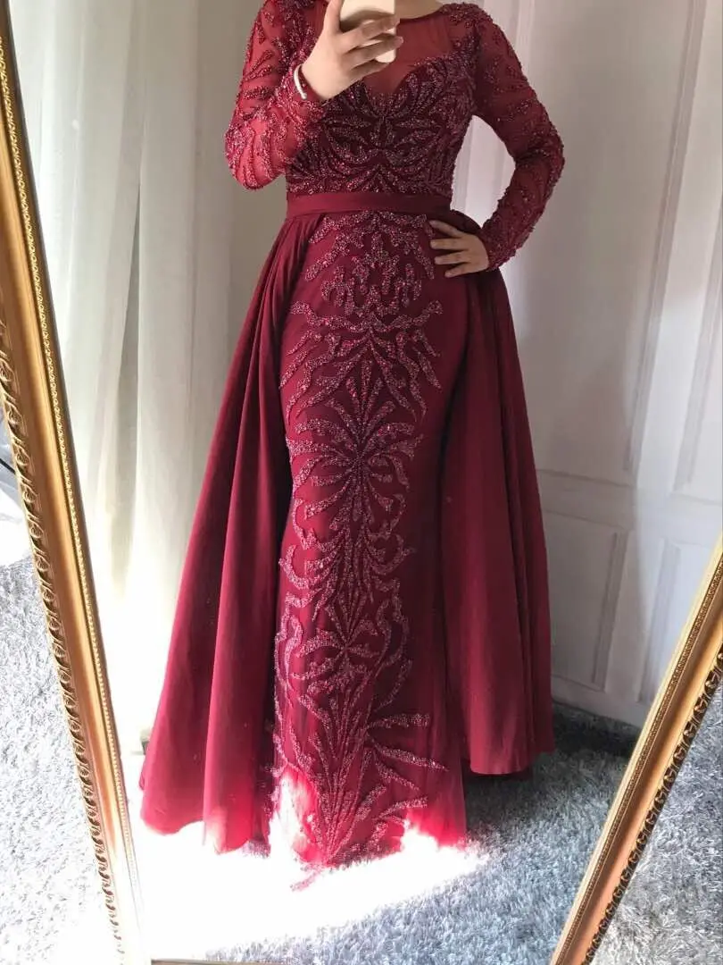 wine red Сексуальное прозрачное платье с длинными рукавами бордового цвета вечернее платье с кристаллами из бисера длинное мусульманское платье для выпускного вечера вечерние платья Robe De Soiree BLA6172 - Цвет: wine red