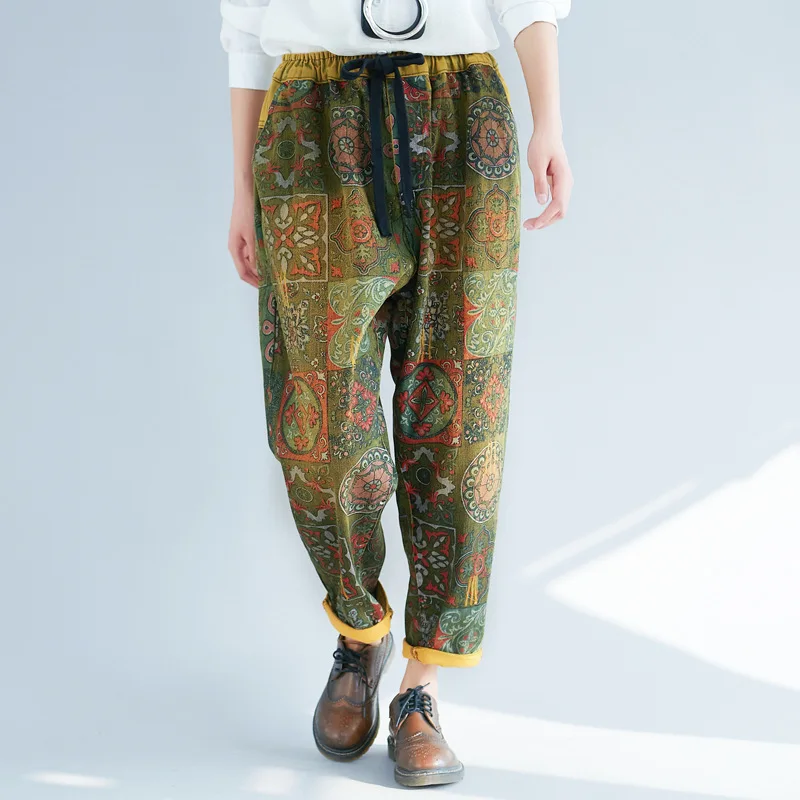 Женские Ретро весенние штаны с эластичным поясом и принтом, Женские винтажные брюки с принтом, женские штаны в национальном стиле