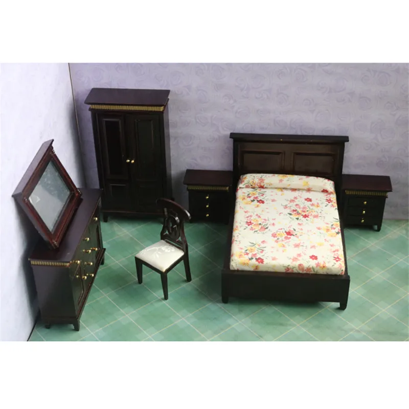 

Doub K 1:12 Dollhouse Miniature furniture toy dolls kawaii wooden beauty bedroom bed chair set pretend play toys for children