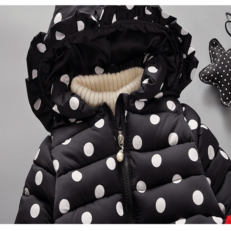 Baby girl Coat In Winter Zipper hooded Polka dot long tail hat Bow-tie pockets  cotton-padded jacket for Kids Children warmed up (5)