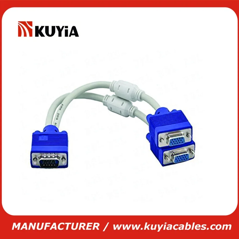 

KUYiA Free Shipping VGA Y SPLITTER CABLE 15 Pin VGA 1 Male to Dual 2 VGA Female Adapter Converter VGA Splitter Cable