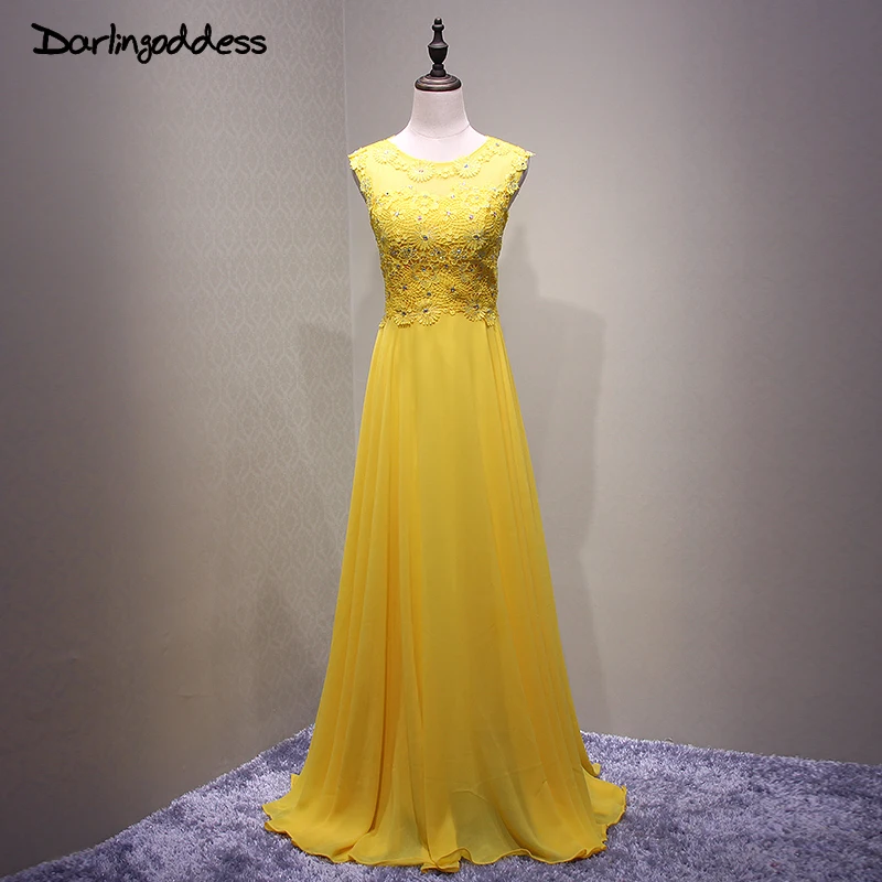 

Cheap Beading Yellow Prom Dresses Yellow Lace Chiffon Long Vestido De Festa Longo Floor Length Formal Evening Party Dress 2017