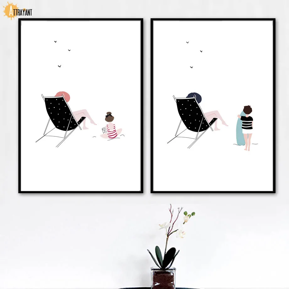 

Cartoon Girl Boy Woman Chair Beach Bird Wall Art Canvas Painting Nordic Posters And Prints Wall Pictures Baby Kids Room Decor