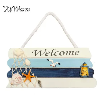 

KiWarm Mediterranean Ocean Nautical Welcome Wooden Sign with Star Fishes Shell for Home Bar Shop Door Plaque Hanging Decor Craft