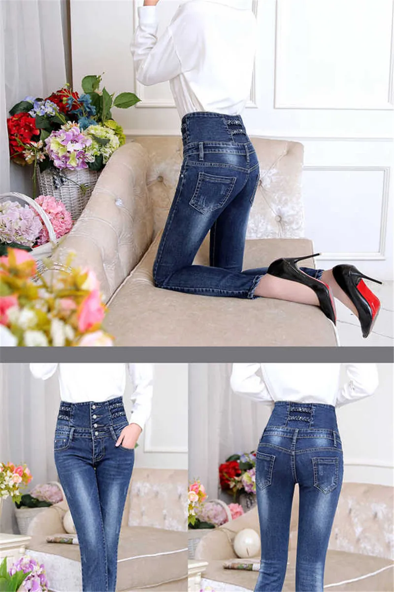 Тонкая талия джинсы в Корейском стиле женские ноги-манекен брюки-карандаш черные Для женщин джинсы высокой талией лосины Для женщин