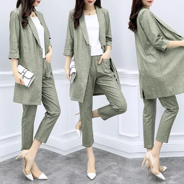 Spring Womens Summer Half Sleeve Long Jacket Trouser Suit Set 2 Pieces Pant Suits for Women Cotton Linen Pantsuit Greem Grey Spring Womens Summer Half Sleeve Long Jacket Trouser Suit Set 2 Pieces Pant Suits for Women Cotton Linen Pantsuit Greem Grey
