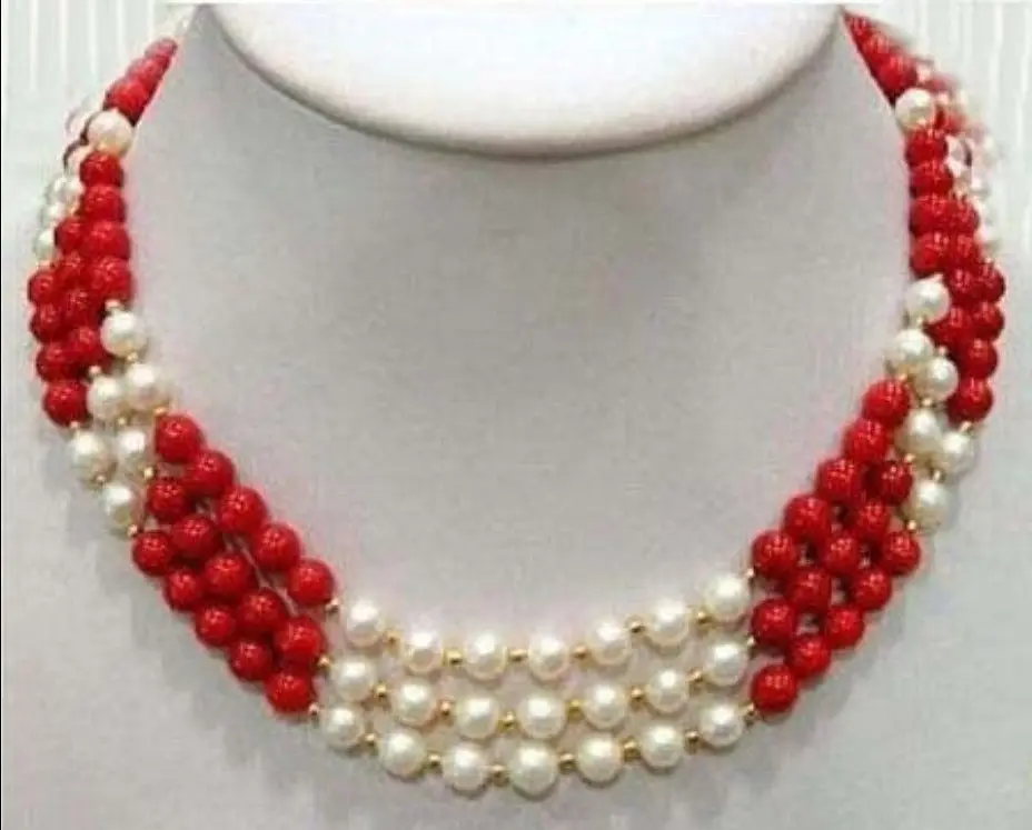 

FREE SHIPPING HOT sell new Style >>>> 3 Rows Real White Pearl Red Coral 18KGP Clasp Necklace 17:-19