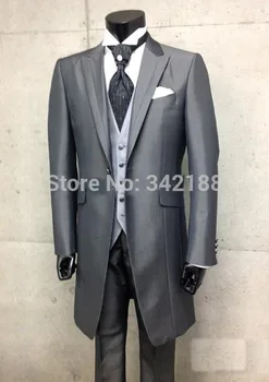 Cena Nowy Styl Długi Szary One Button Groom Smokingi Best Man Szczyt Lapel Groomsmen Mężczyźni Garnitury ślubne Oblubieniec (kurtka + Spodnie + Kamizelka + Krawat) W