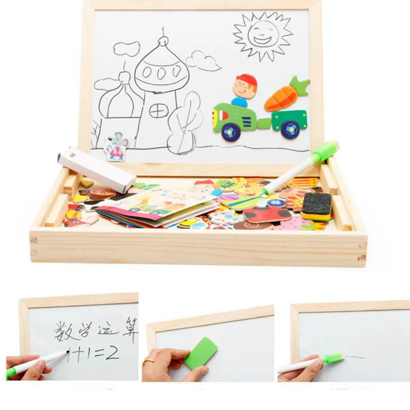 Мультяшные детские развивающие деревянные пазлы Игрушки для детей Мультифункциональный деревянный магнитный пазл доска для рисования коробка подарок