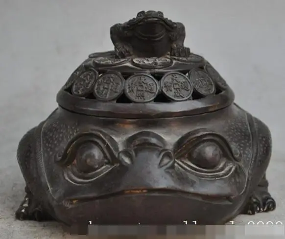 

S5414 7"chinese Feng Shui bronze wealth Coin Golden Toad statue incense burner Censer discount 30% (C0324)