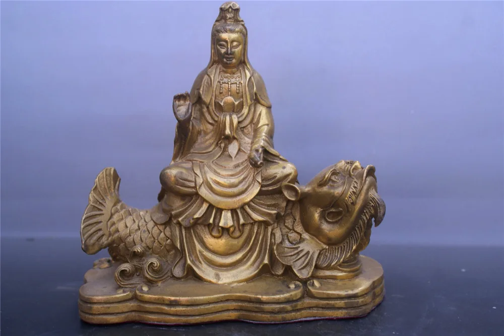 

Chinese old bronzes Riding fish Guanyin copper Statue