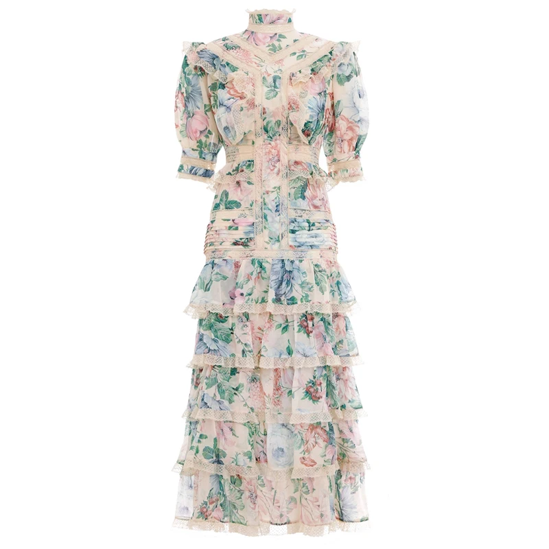 [LIVIVIO] ZIM длинное платье с цветочным принтом и кружевами из кусков летнее элегантное женское платье с пышными рукавами женская модная одежда