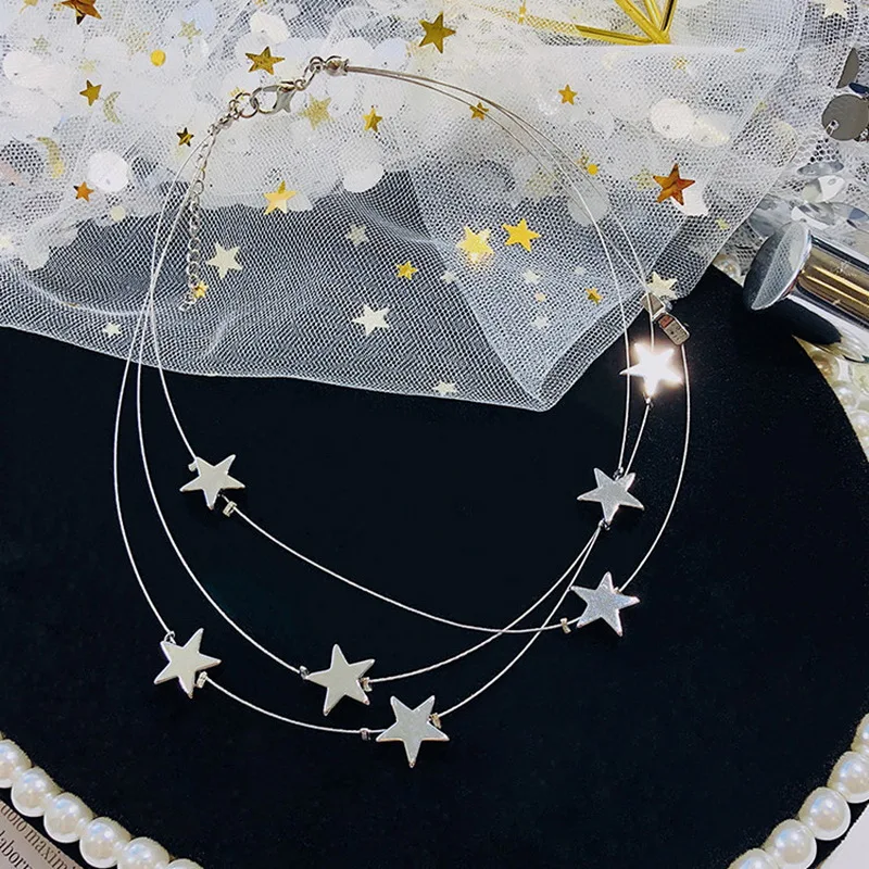 

Silver Star Choker Necklace Chain Alloy Dangle Dainty Charm Multi-layer Necklace Women Fashion Jewelry Adjustable Trendy Gift