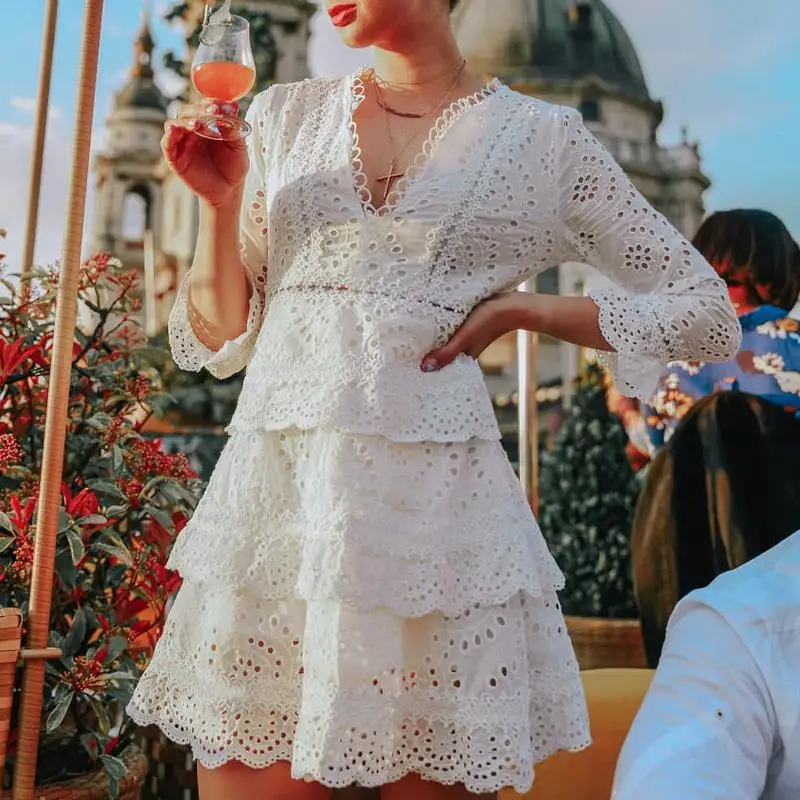 

Turmeric formal dress women elegant V-neck ruffle white sexy short dress lady vestidos Embroidery cotton dress with long sleeve