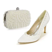 Elegant spitz satin perlen kleid schuhe passenden perle clutch tasche ivory farbe party prom cocktail braut hochzeit outfit