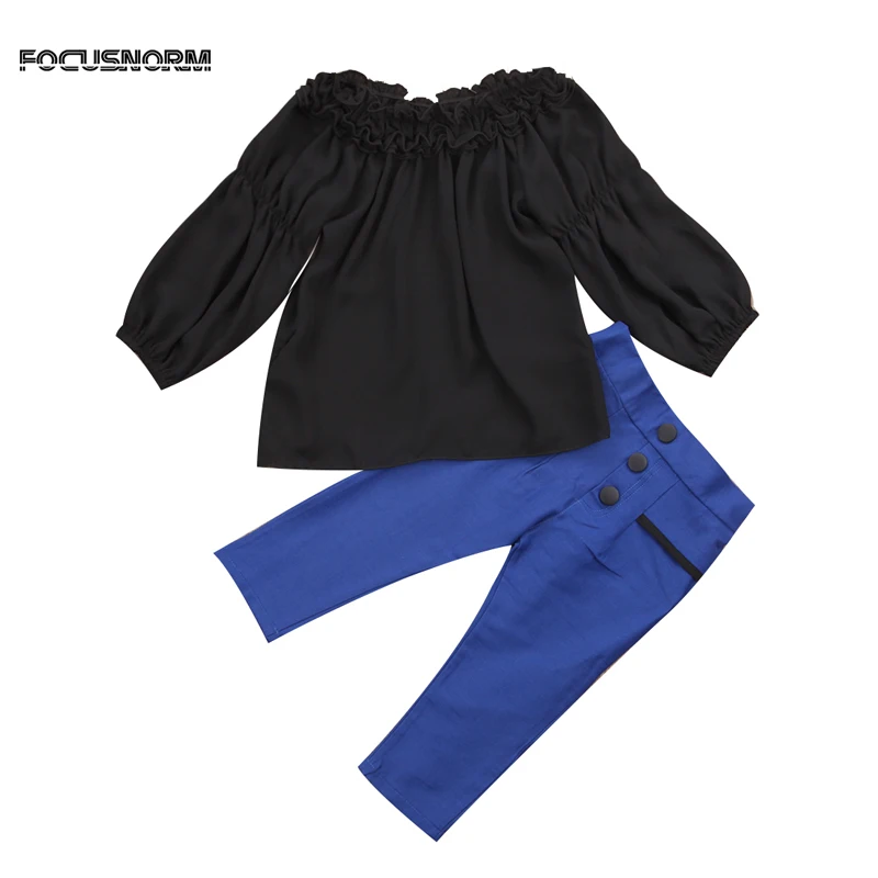 

Fashion Casual Newborn Infant Baby Girls 2PCS Long Lantern Sleeve Off Shoulder Black Tops Button Pencil Blue Pants Outfit 1-6Y