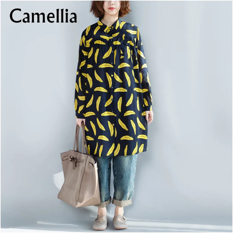 

Mono Print Long Women Casual Shirt Full Sleeve Turn-down Collar Loose Overshirt Stylish Contrast Color Soft Linen Top