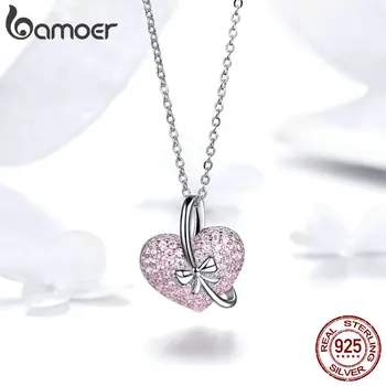 

BAMOER Full Love Heart-shape Pendant Necklace for Women 925 Sterling Silver Bowknot Necklaces for Girl Gifts Valentine GAN049