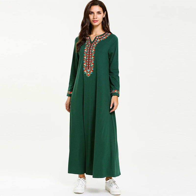 Цветочная вышивка мусульманское платье абайя 2019 элегантное плюс размер длинный рукав, мусульманский платье женское платье с высокой