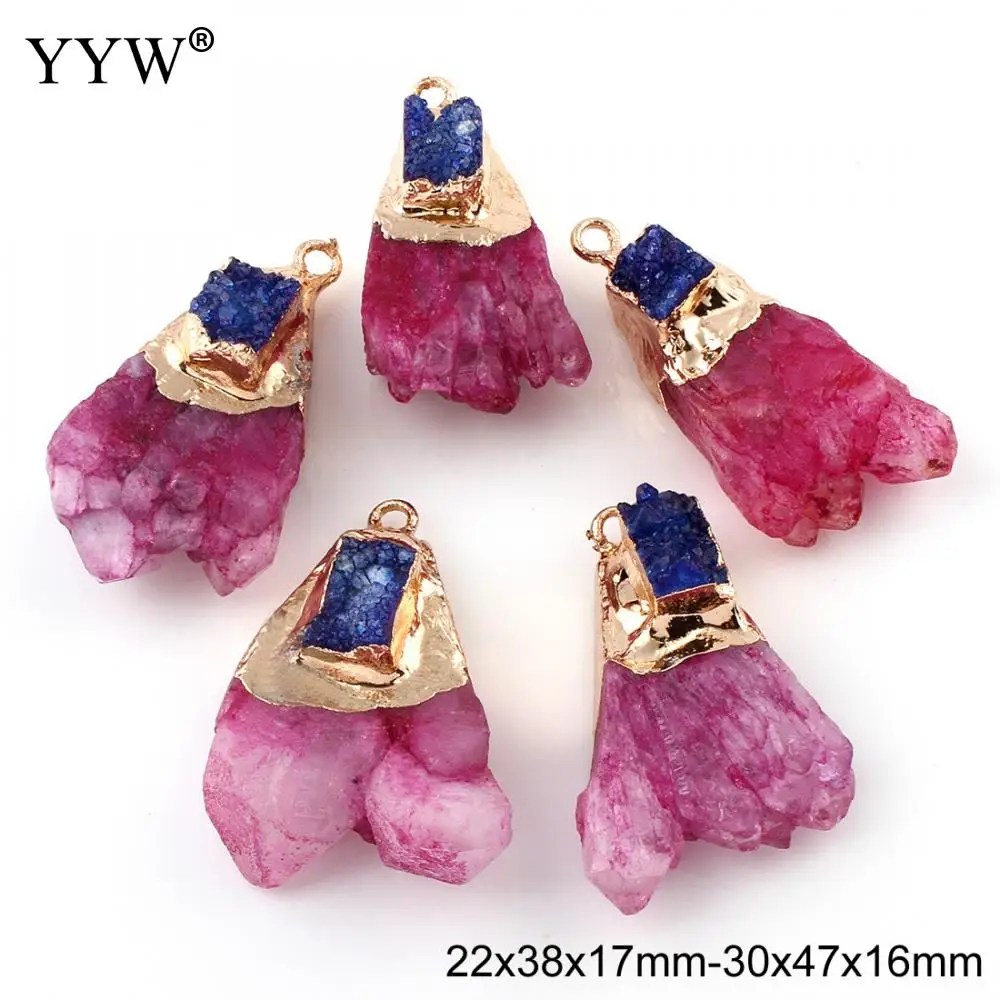 YYW 5 шт. позолоченный ледяной кварц Подвеска-Агат для ожерелья ювелирные изделия 22x38 мм розовый красный цвет натуральный кристалл подвеска из каменной друзы