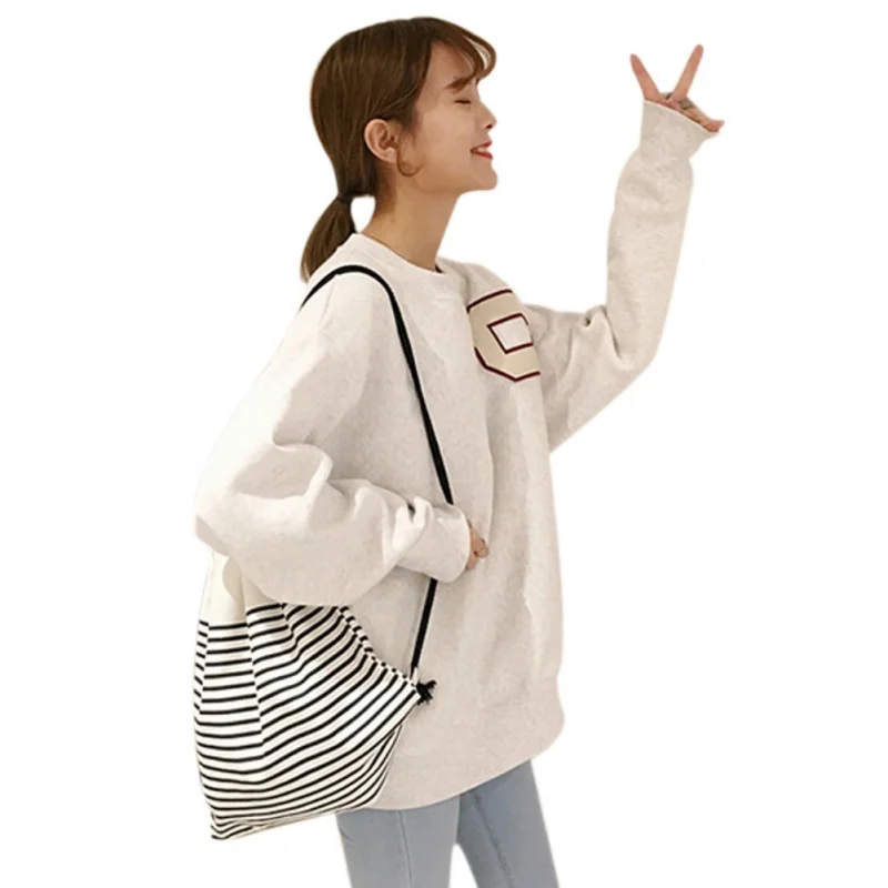 Drawstring Bags Women Stripe Canvas High Capacity Bucket Bag Backpack Shoulder Bag Fashion Casual Women Backpack 2018 New