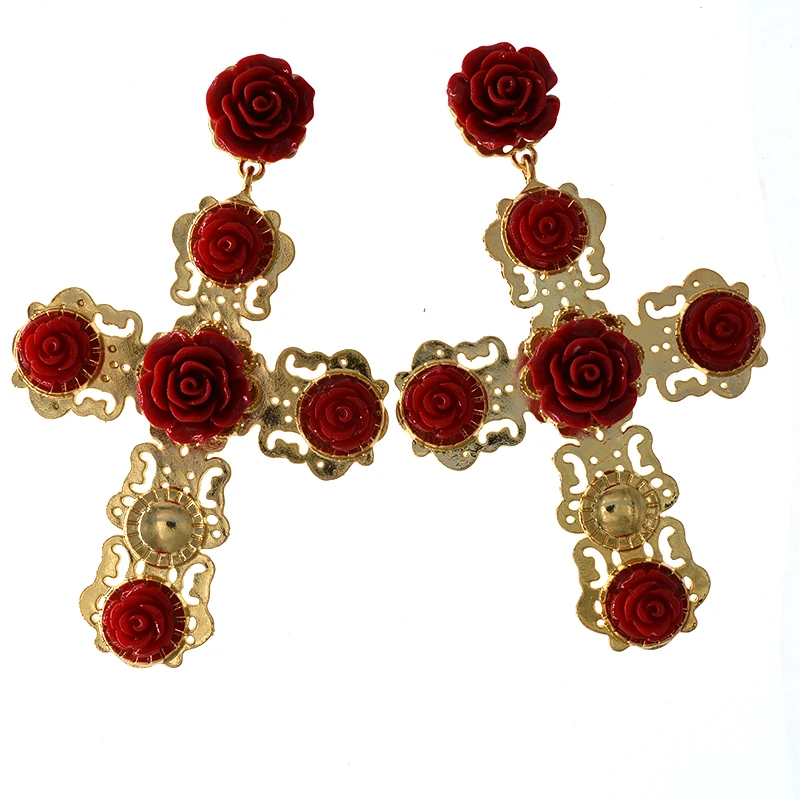 

New Arrival Fashion Gold Cross Earrings with Red Flowers Earrings Gold Big Pendant Earring Baroque Retro Cross Jewelry Accessory