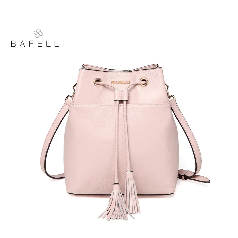 BAFELLI women shoulder bag Genuine Leather tassel bucket crossbody bags for women famous brand bolsos mujer pink black women bag BAFELLI women shoulder bag Genuine Leather tassel bucket crossbody bags for women famous brand bolsos mujer pink black women bag