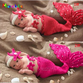 

Red and Hot Pink Newborn baby Crochet Mermaid Costume Princess Girl Photography Props Knitted Infant Photo Props 1set MZS-14113