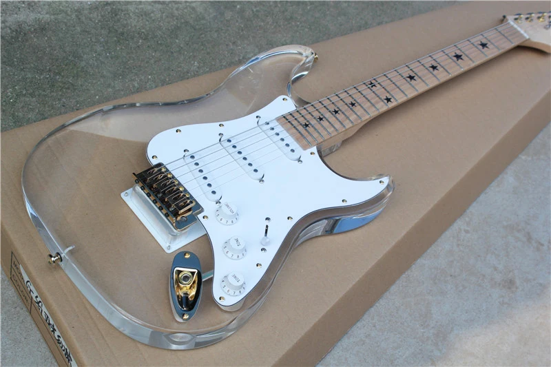 

Acrylic Glass Electric Guitar with White Pickguard,Maple Fretboard with Star Inlay,Golden Hardwares,offering customized services