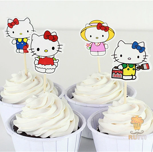 

24pcs Hello Kitty cake toppers cupcake picks cases for kids birthday decor party decorations supplies festa candy bar AW-0414