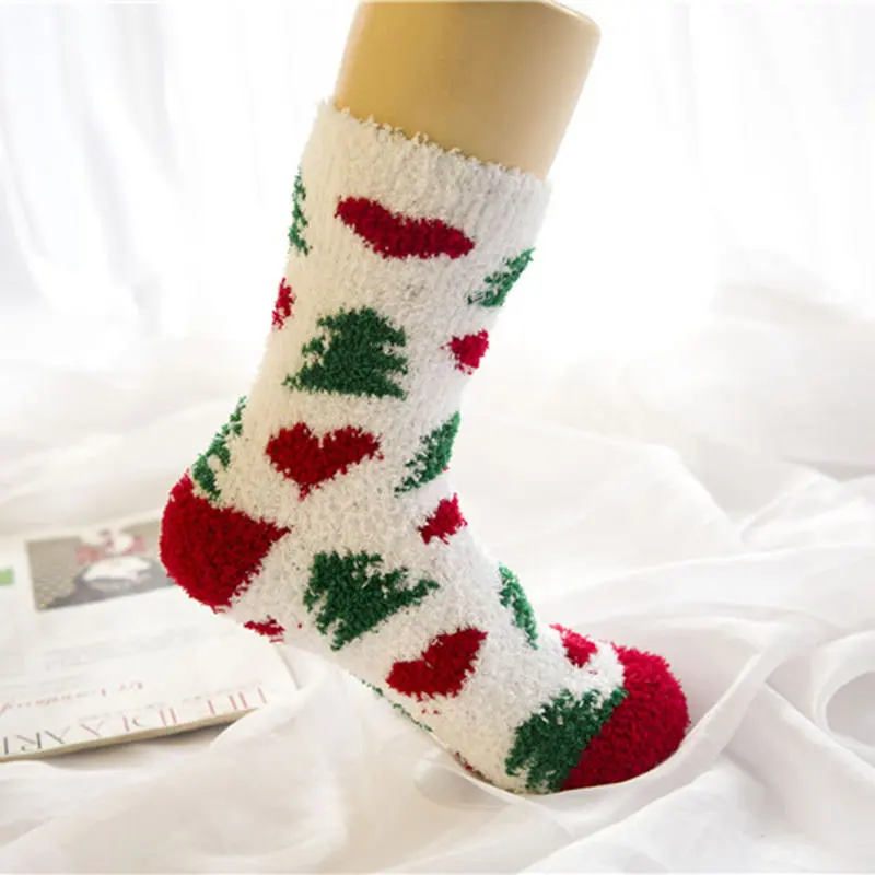6Coral Fleece Women Christmas Socks Super Soft Warm Ladies Winter Extra Thick Stocking Striped Santa Claus Tree Pattern Socks