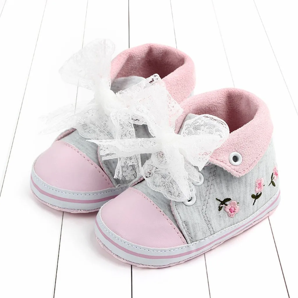 Newborn Baby Girl Toddler Flower Lace Canvas First Walkers Soft Sole Shoes Boots