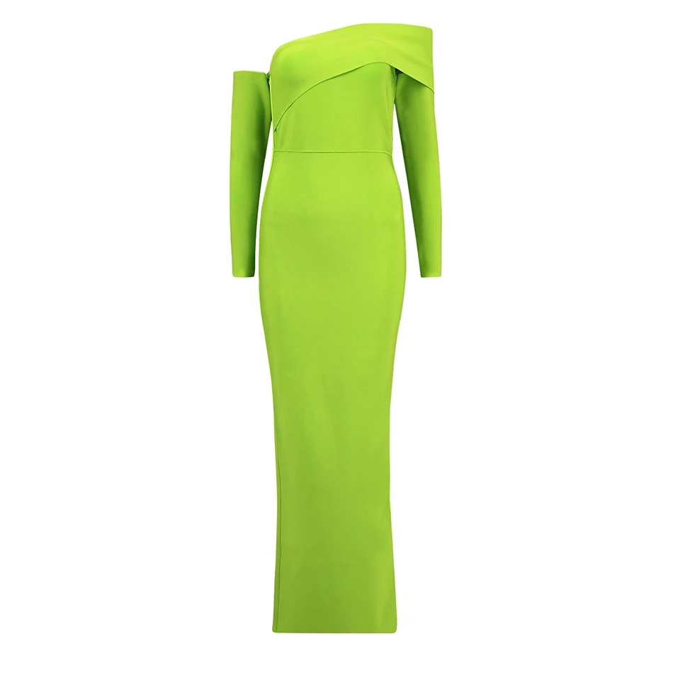 Новинка, женское платье с длинным рукавом без бретелек, облегающее длинное желтое длинное платье из вискозы, высокое качество, Бандажное Открытое сексуальное платье для вечеринки - Цвет: Fluorescent green