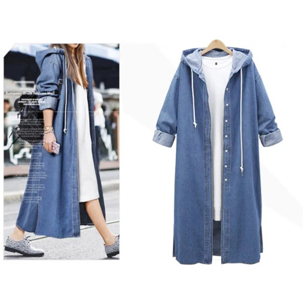 

Women Hooded Casual Long Sleeve Denim Jacket Long Jean Coat Outwear Overcoat Chaqueta denim mujer