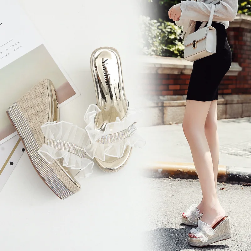 

lady rhinestone Mesh Super High slipper Wedges ladies Peep Toe Bling high heel and platform soft leather Slides women