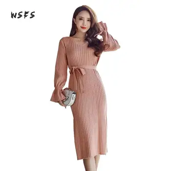 

Wsfs Winter Women Dresses Knitted Black Pink Vneck Long Flare Sleeve Vintage Bandage Dress Belt Lady Sexy Party Lace Up Dress