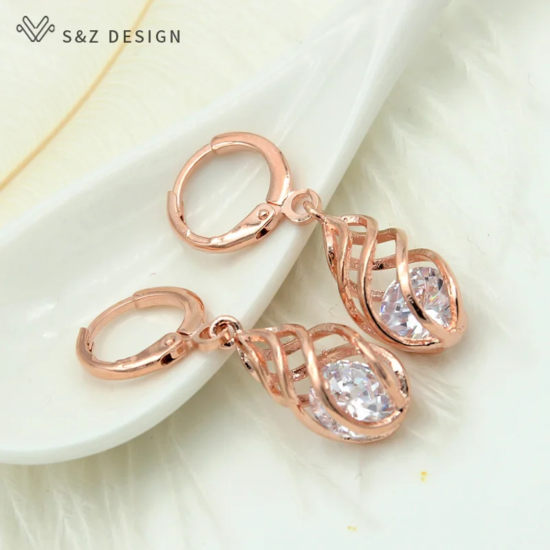 S&Z Spiral Hollow Water Drop Dangle Drop Zircon Earrings 585 Rose Gold Color Jewelry Set For Women Gift Anti-allergy Eardrop