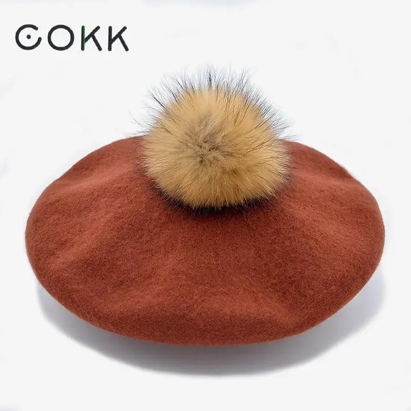 COKK, зимние шапки для женщин, шерстяной берет с натуральным мехом енота, шапка с помпоном, женский берет для девочек, мягкая теплая шапка Boina Feminina Gorras