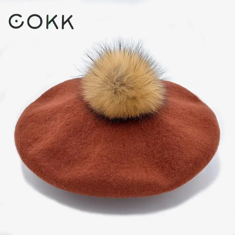 Женские зимние шапки COKK мягкие теплые береты с помпоном из натурального меха