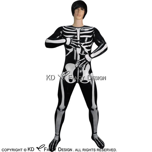 Black Sexy Latex Catsuit With White Human Skeleton Gloves Feet Socks Zipper Rubber Bodysuit Overall Zentai Black Sexy Latex Catsuit With White Human Skeleton Gloves Feet Socks Zipper Rubber Bodysuit Overall Zentai