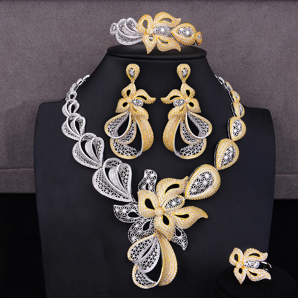 GODKI Luxury Trendy Flowers Nigerian Jewelry sets For Women Wedding Cubic Zircon CZ Dubai Gold Bridal Jewelry Set