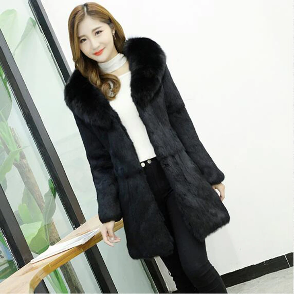 2019 Brand Fur Natural Full Pelt Rabbit Coat With Luxury Big Genuine Fox Collar Overcoat Factory Customize sr326 | Женская одежда
