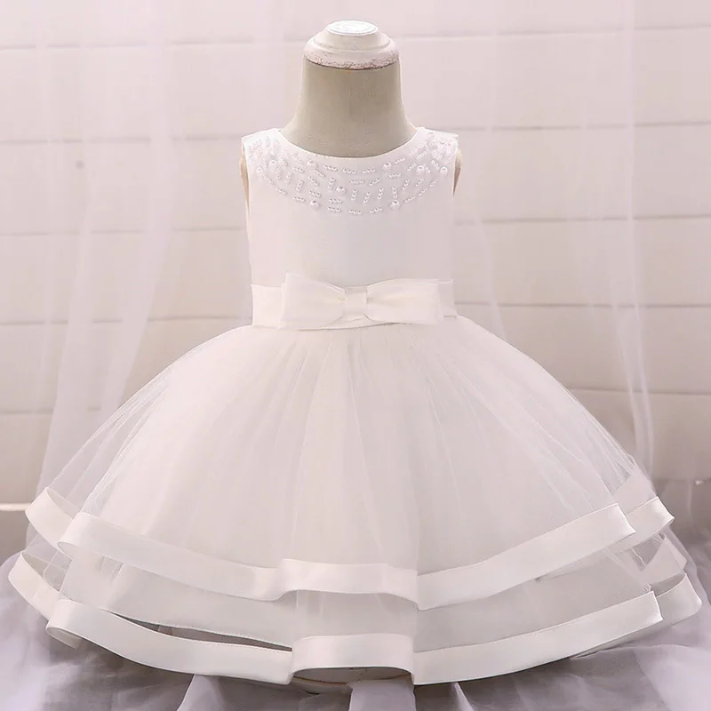 Бисероплетение костюм для новорожденного ребенка платье для девочек с цветочным рисунком одежда принцессы пышные платья Первое причастие Крещение одежда вестидо - Цвет: white