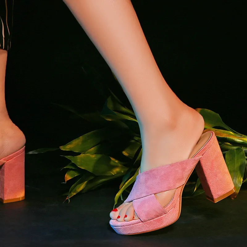 

2019 Platform Woman Slides with Super High Heel Cross tied Band Solid Color Pink Red Black Ladies Spring Shoe