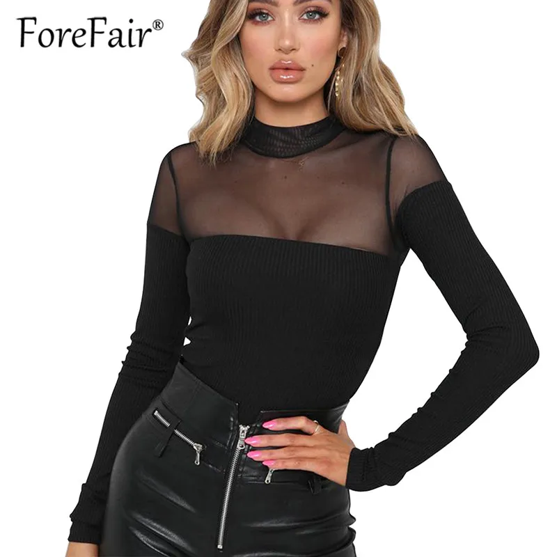 

Forefair Sexy See-Through Knitted Mesh Bodysuit Sheer Women Long Sleeve Slim Body Top 2019 Spring Bodycon Bodysuit