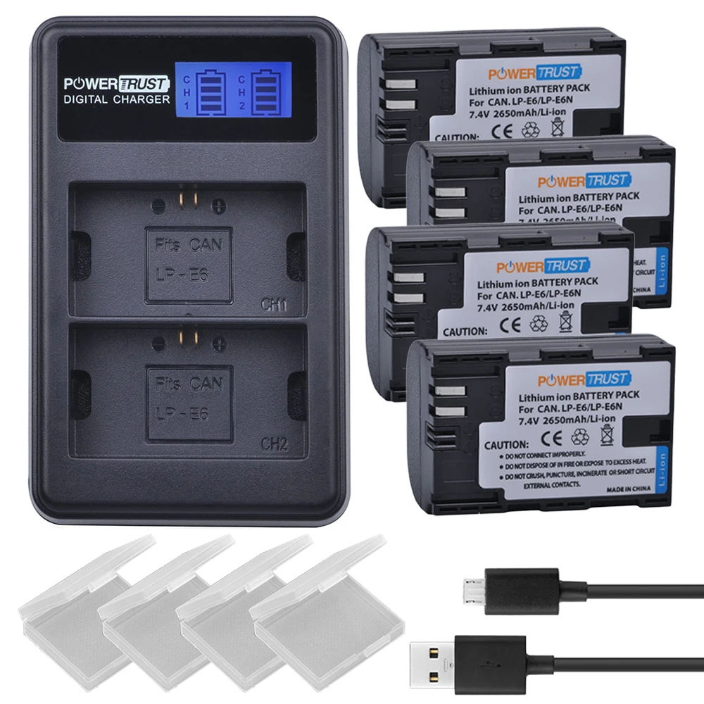 

4Pcs LP-E6 LPE6 LP E6 Camera Batteries + LCD USB Dual Channel Charger for Canon EOS 60D, 70D, 5D Mark II, 5D Mark III, 5D Mark